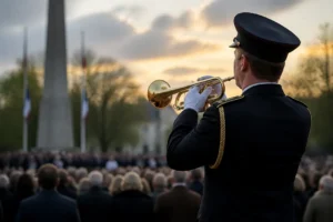 Trompettist markeert start van twee minuten stilte bij Dodenherdenking