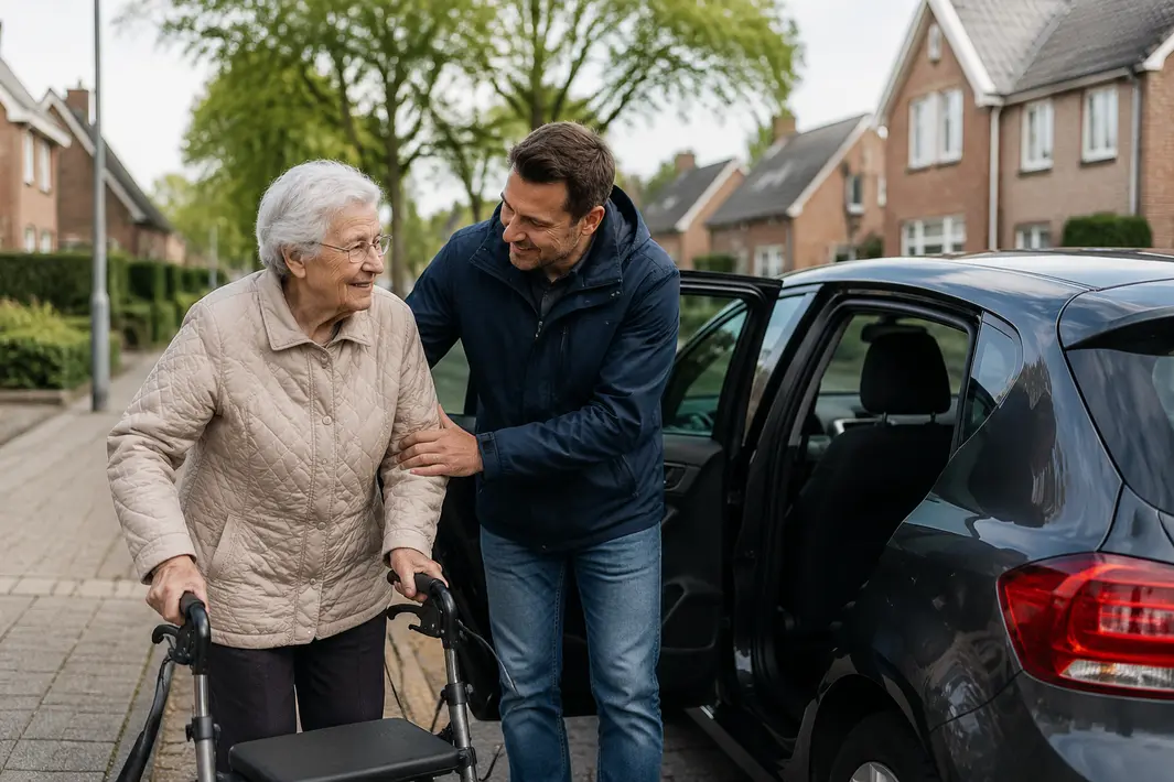 Vrijwilliger helpt ouderen en minder mobiele mensen met veilige buurtvervoersdienst
